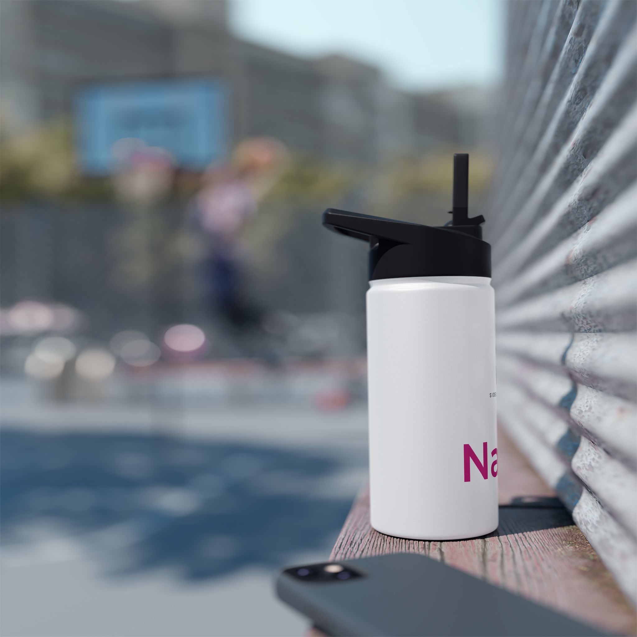 Sideline Personalized "Pink Name" Stainless Steel Water Bottle w/ Straw