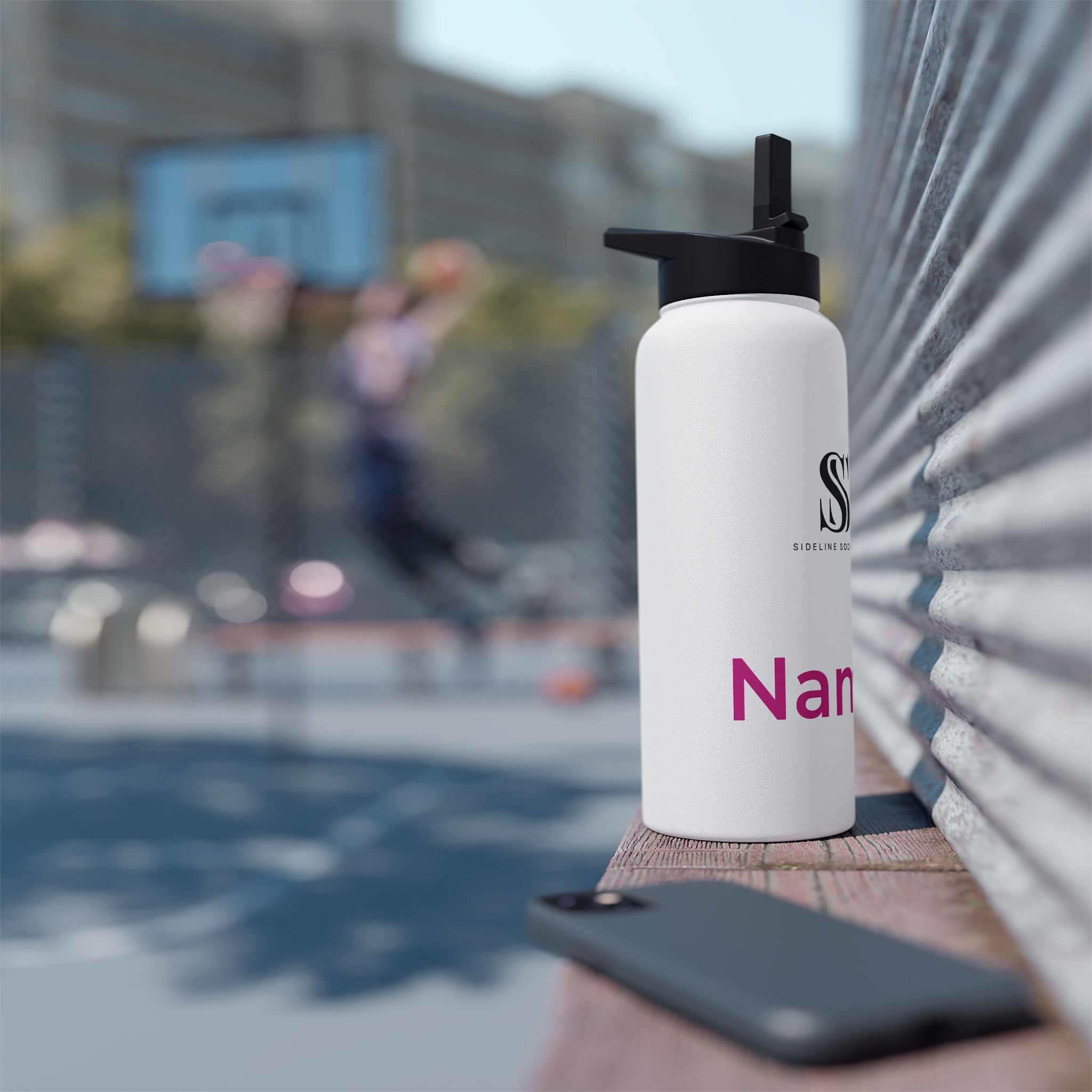 Sideline Personalized "Pink Name" Stainless Steel Water Bottle w/ Straw