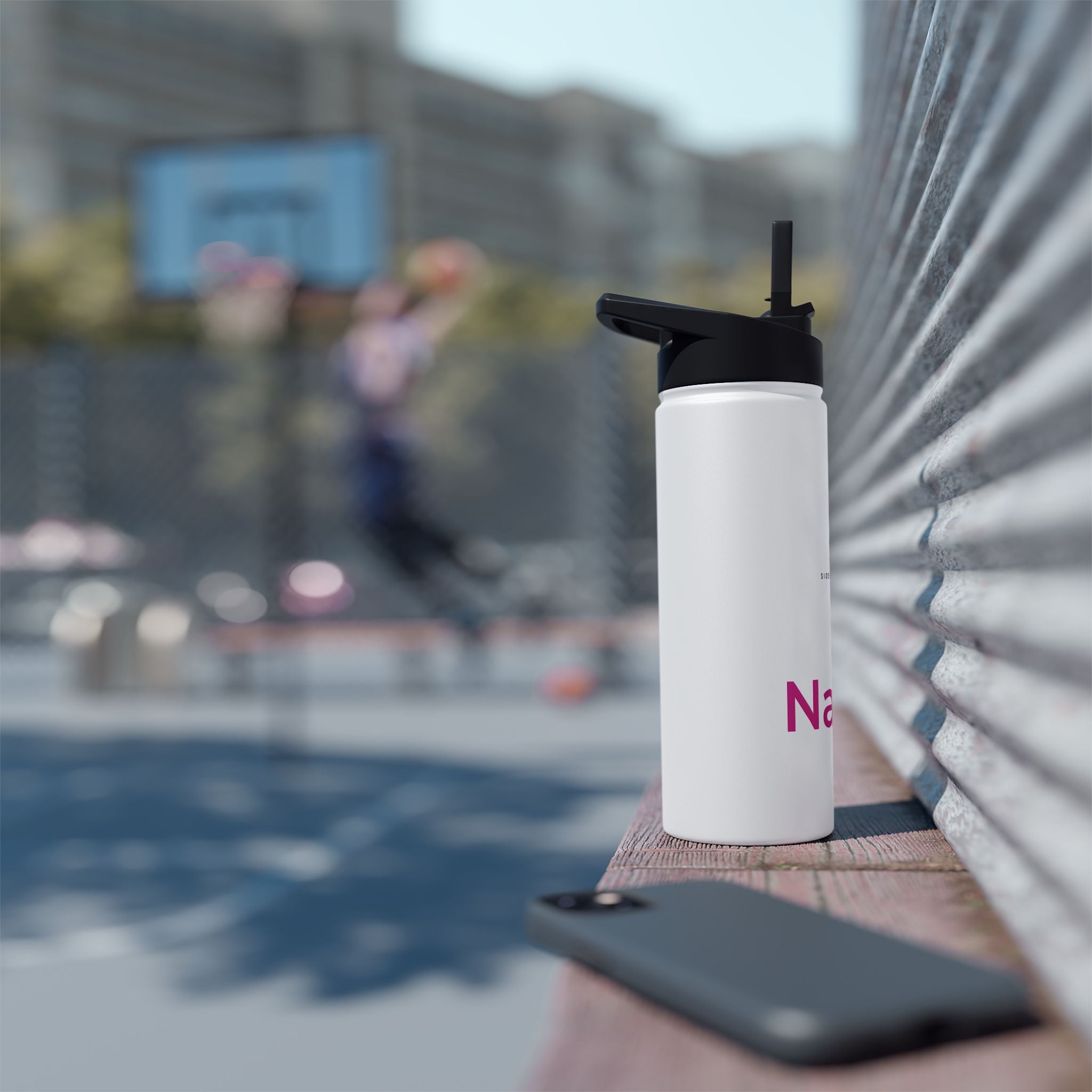 Sideline Personalized "Pink Name" Stainless Steel Water Bottle w/ Straw